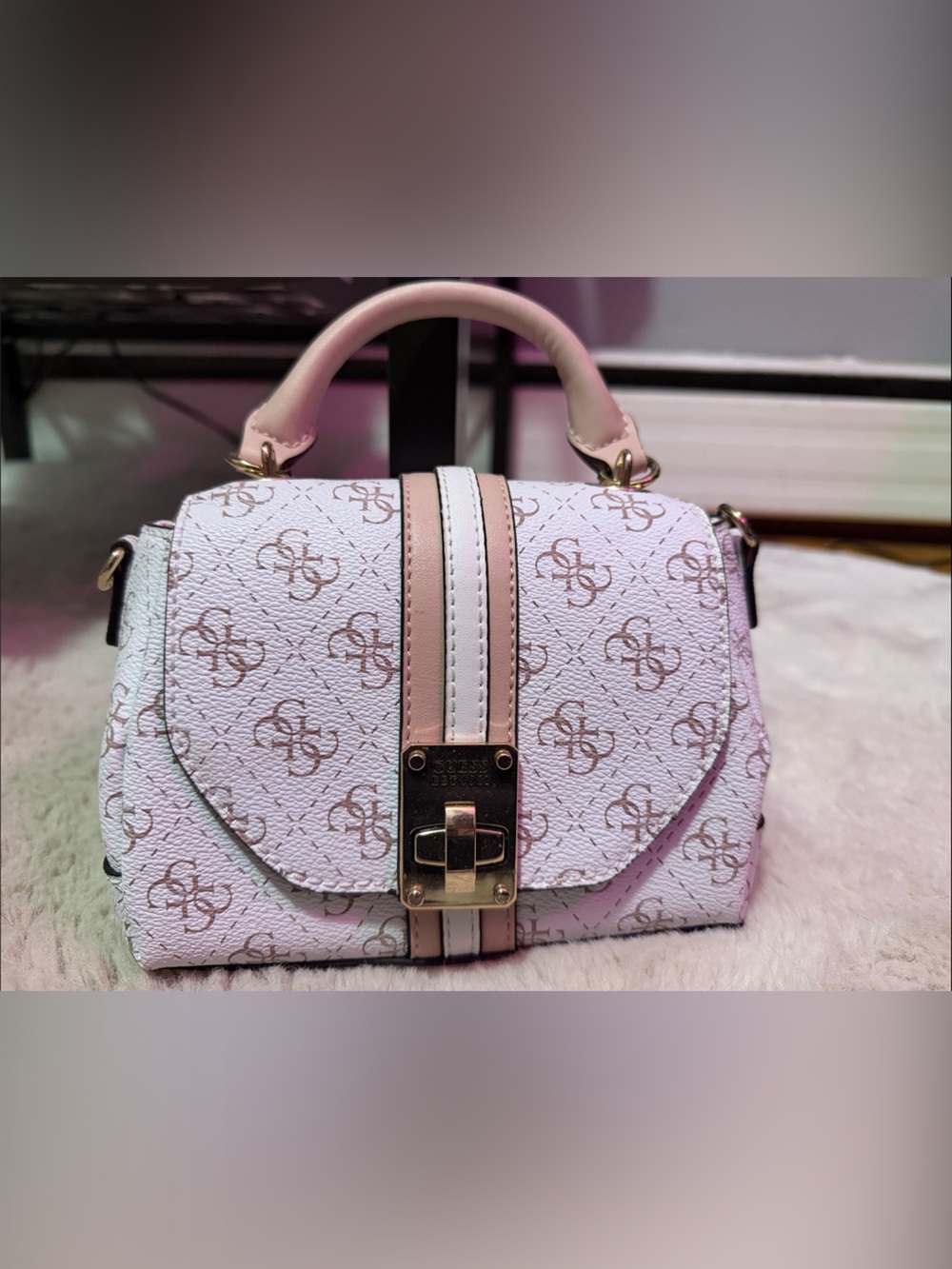 GUESS Pink and White Monogram Mini Top-Handle Bag